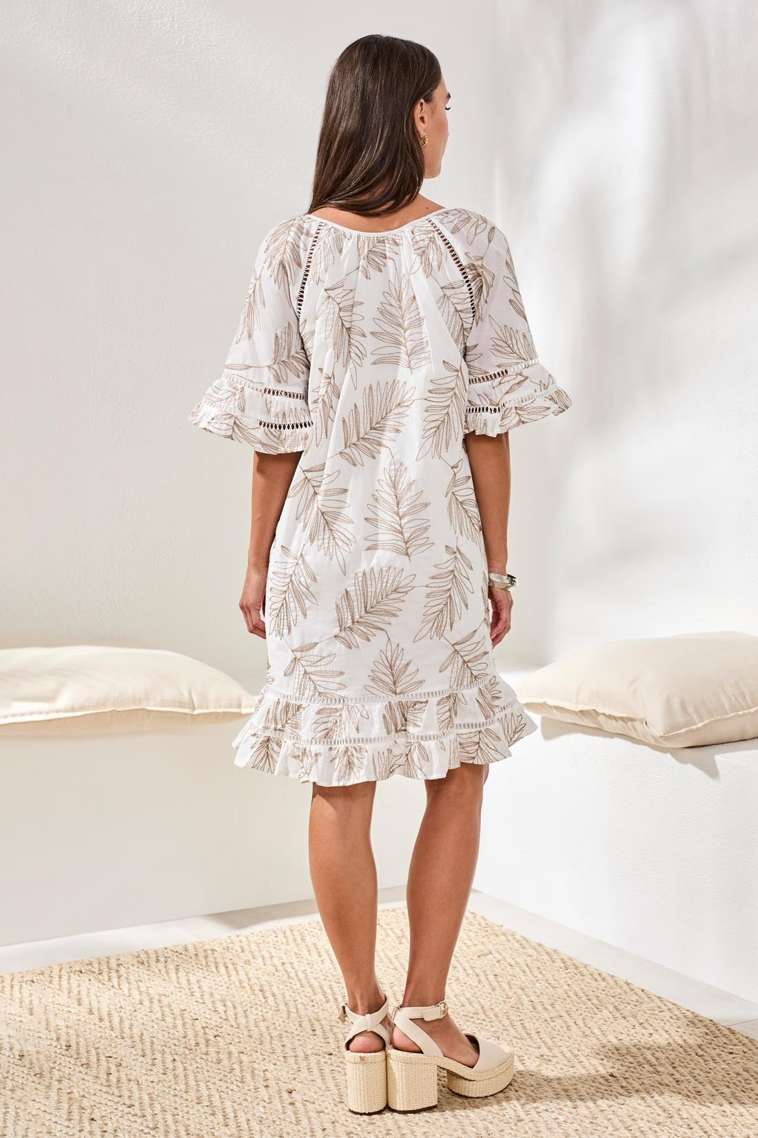 Printed V-Neck Dress With Textured Eyelet Flutter Sleeves-White XXS Printed V-Neck Dress With Textured Eyelet Flutter Sleeves-White XXS