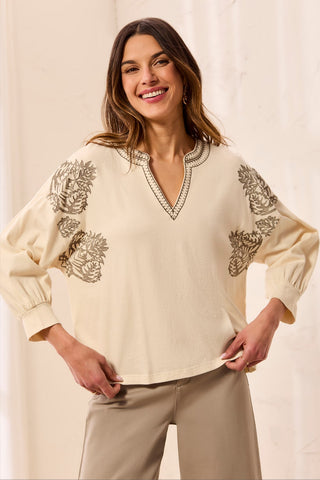 Embroidered 3/4 Raglan Sleeve Notch Neck Knit Top-Moonstone