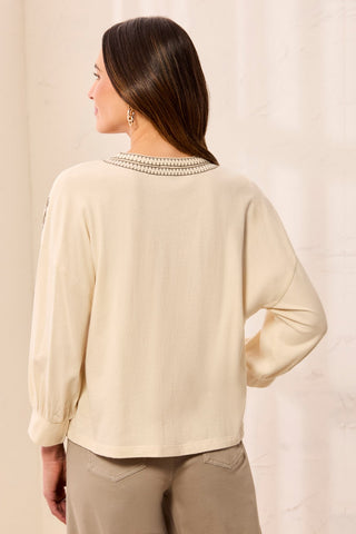 Embroidered 3/4 Raglan Sleeve Notch Neck Knit Top-Moonstone