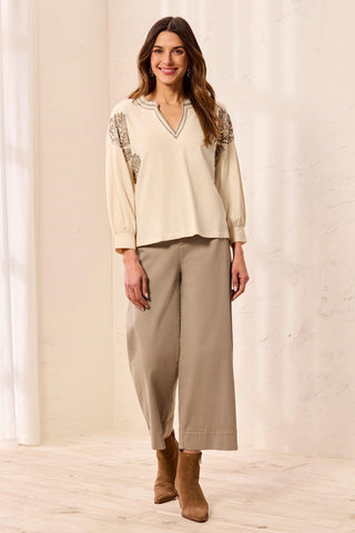 Embroidered 3/4 Raglan Sleeve Notch Neck Knit Top-Moonstone