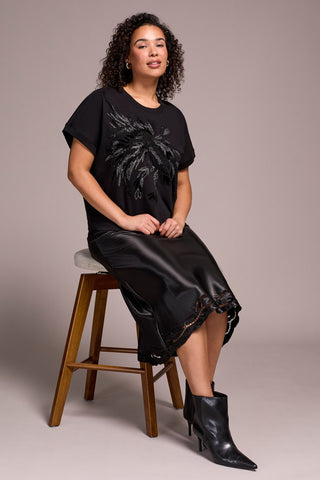 Beaded Embroidery Cap Sleeve Crew Neck Top-Black