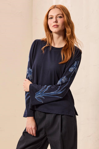 Embroidered Bell Sleeve Crew Neck Long Sleeve Top-Sapphire