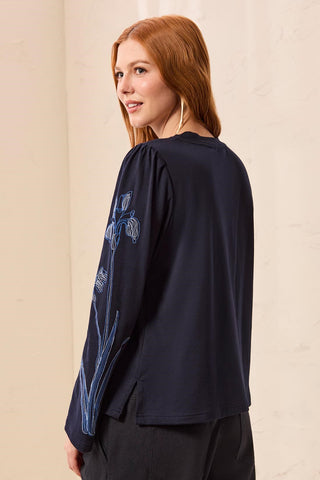 Embroidered Bell Sleeve Crew Neck Long Sleeve Top-Sapphire