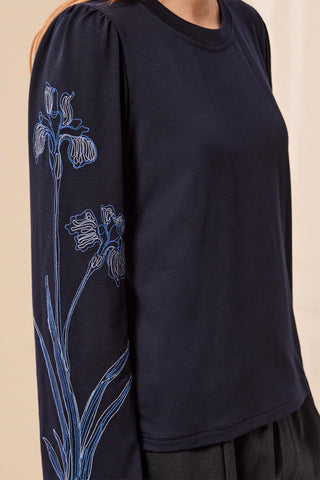 Embroidered Bell Sleeve Crew Neck Long Sleeve Top-Sapphire