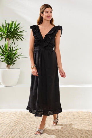 Robe Maxi En Coton Brodée Avec Volants Et Découpe-Noir