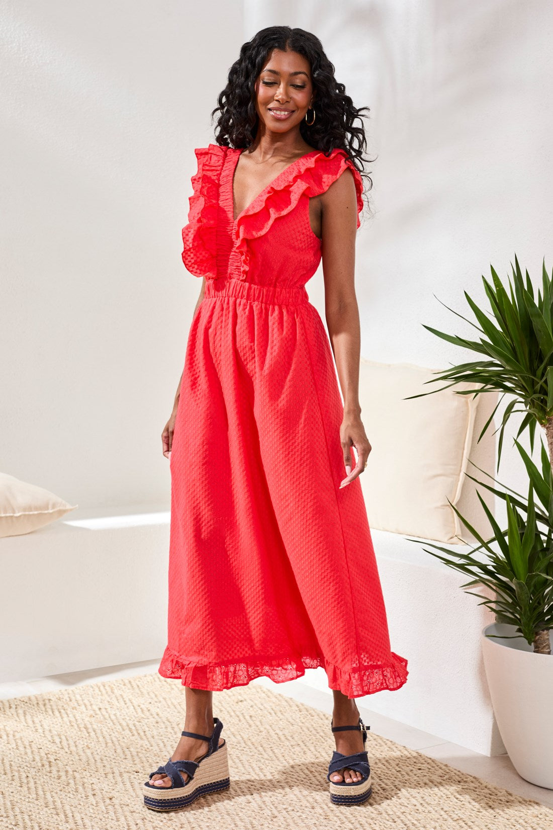coral red dress Tribal Maxi Dress With Frills & Cutout