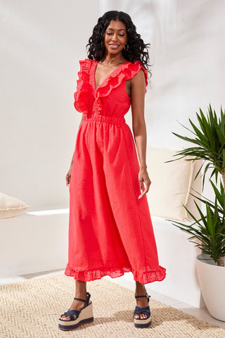 Robe Maxi En Coton Brodée Avec Volants Et Découpe-Rouge corail