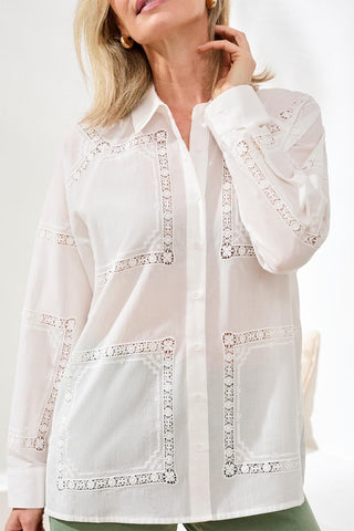 Embroidered Cotton Voile Button Blouse-White
