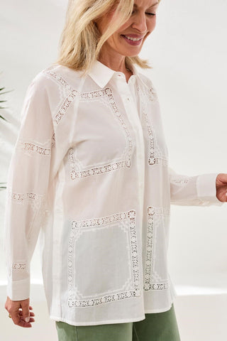 Embroidered Cotton Voile Button Blouse-White