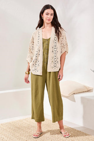 Embroidered Crochet 3/4 Sleeve Cardigan-Natural