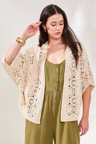 Embroidered Crochet 3/4 Sleeve Cardigan-Natural