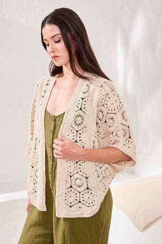 Embroidered Crochet 3/4 Sleeve Cardigan-Natural