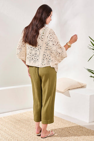 Embroidered Crochet 3/4 Sleeve Cardigan-Natural