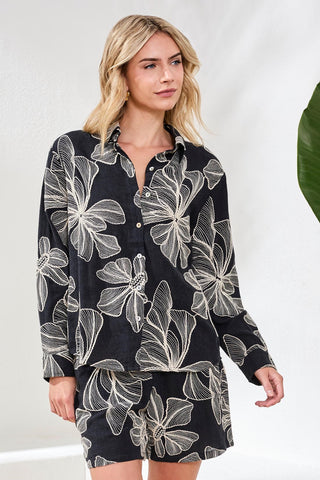 Embroidered Long Sleeve Button‑Front Blouse-Black