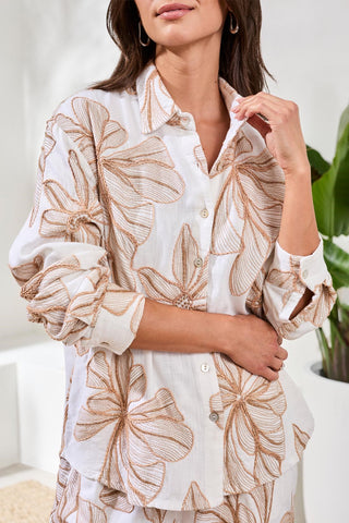 Embroidered Crosshatch Button-Front Blouse-White