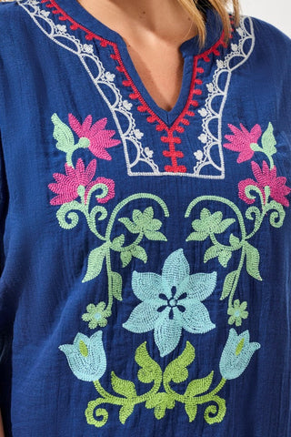 Embroidered Gauze Tunic Dress-Jet blue
