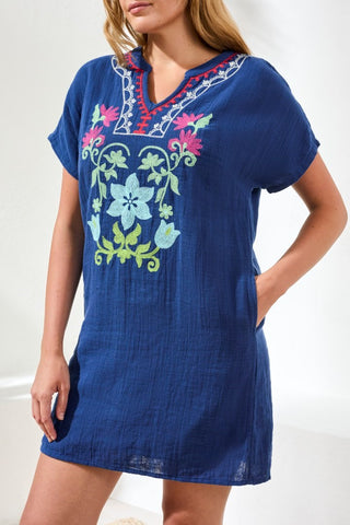 Embroidered Gauze Tunic Dress-Jet blue