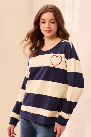Pulls en coton brodés à cœur à épaules basses - Bleu jet