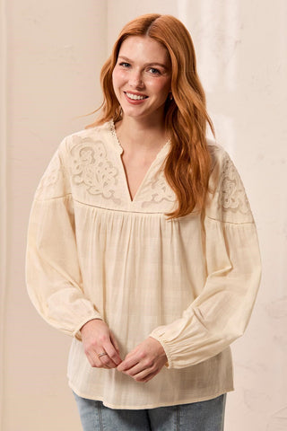 Cotton Voile Embroidered Insert Notch Neck Blouse-Moonstone