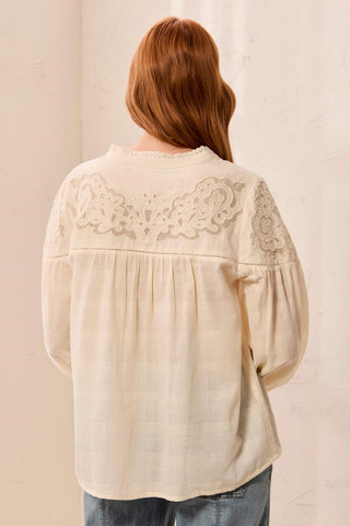 Cotton Voile Embroidered Insert Notch Neck Blouse-Moonstone