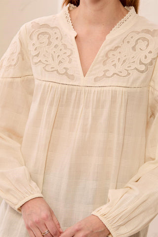 Cotton Voile Embroidered Insert Notch Neck Blouse-Moonstone