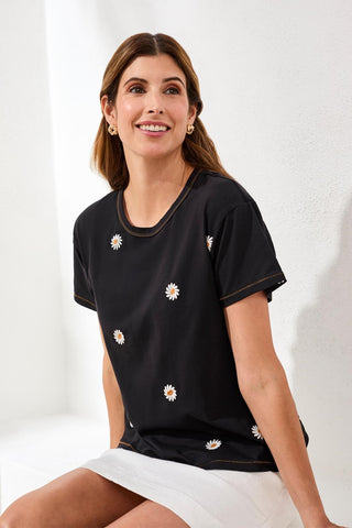 Embroidered Daisy Short Sleeve Crew Neck Top-Black