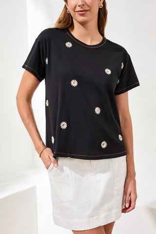 Embroidered Daisy Short Sleeve Crew Neck Top-Black