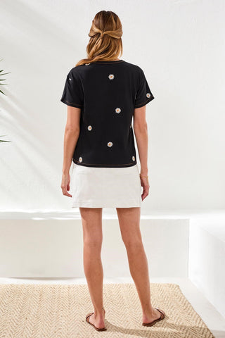 Embroidered Daisy Short Sleeve Crew Neck Top-Black