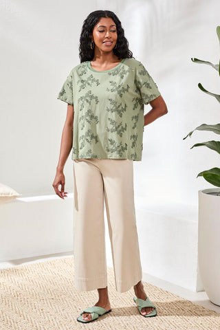 Embroidered Knit Short Sleeve Crew Top-Moss