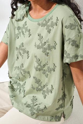 Embroidered Knit Short Sleeve Crew Top-Moss