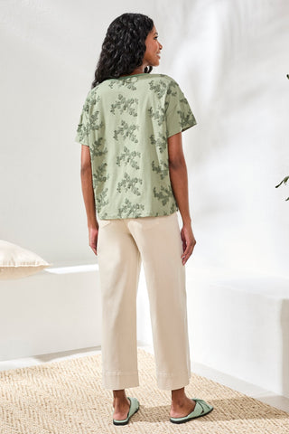 Embroidered Knit Short Sleeve Crew Top-Moss