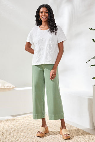 Embroidered Short Sleeve Crew Neck Top-White