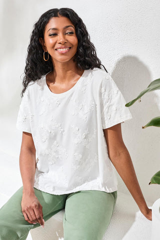 Embroidered Short Sleeve Crew Neck Top-White