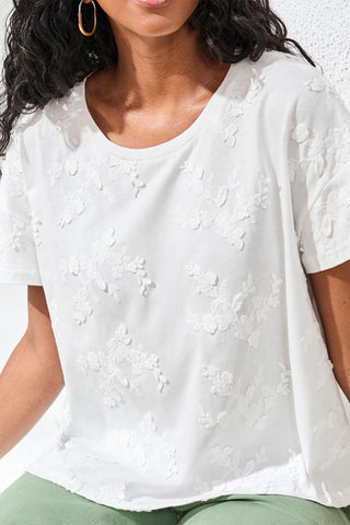 Embroidered Short Sleeve Crew Neck Top-White