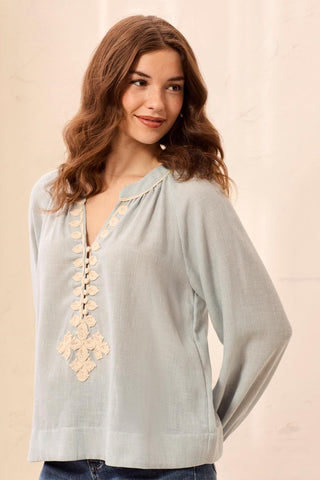 Embroidered Notch Neck Button Placket Blouse-Blue fog