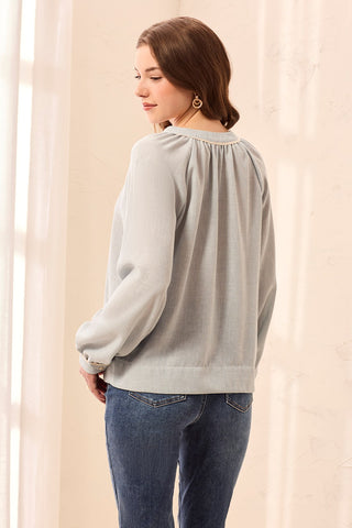 Embroidered Notch Neck Button Placket Blouse-Blue fog