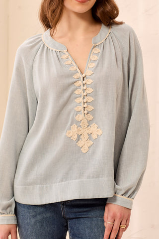 Embroidered Notch Neck Button Placket Blouse-Blue fog