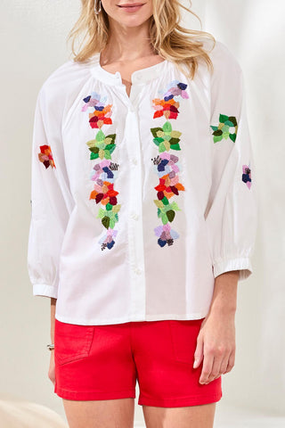 Blouse Popeline Brodée Manches 3/4-Blanc
