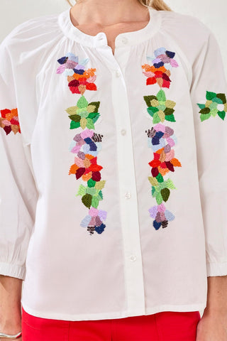 Blouse Popeline Brodée Manches 3/4-Blanc