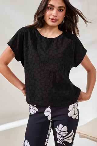 Textured Cotton Cap Sleeve Crew Top-Black