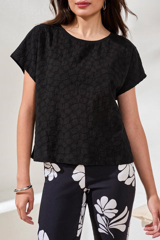 Textured Cotton Cap Sleeve Crew Top-Black