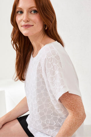 Textured Cotton Cap Sleeve Crew Top-White