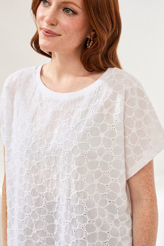 Textured Cotton Cap Sleeve Crew Top-White