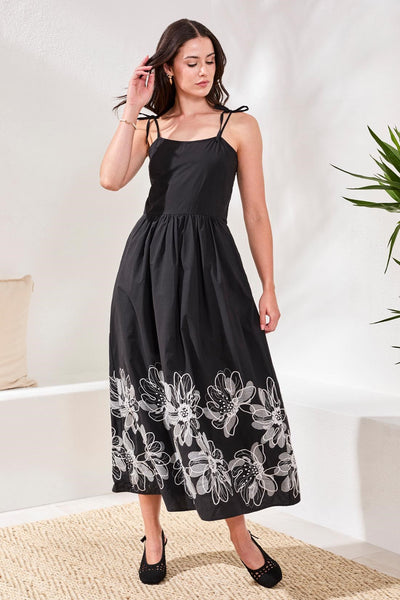 Poplin Midi Dress With Embroidered Hem and Tie Straps-Black XXS Poplin Midi Dress With Embroidered Hem and Tie Straps-Black XXS
