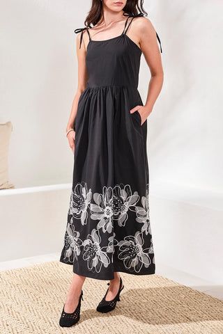 Poplin Midi Dress With Embroidered Hem and Tie Straps-Black