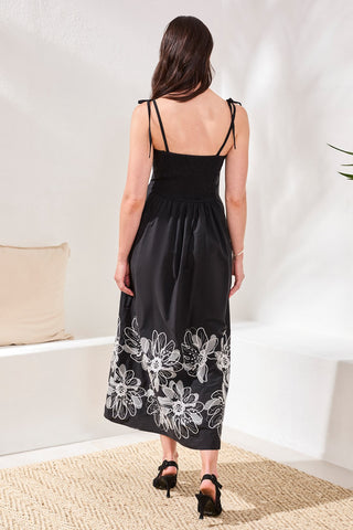 Poplin Midi Dress With Embroidered Hem and Tie Straps-Black