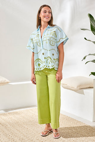 Blouse En Popeline Brodée À Manches Courtes-Ciel Aqua pâle