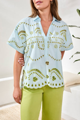 Blouse En Popeline Brodée À Manches Courtes-Ciel Aqua pâle