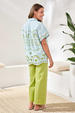 Blouse En Popeline Brodée À Manches Courtes-Ciel Aqua pâle