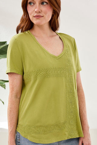 Haut Col V Brodé Avec Lavage Spécial-Zeste de kiwi